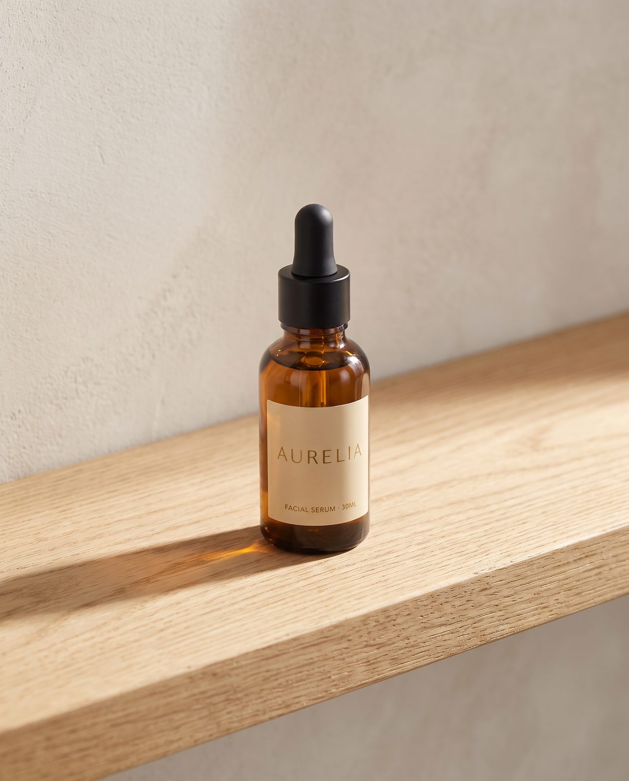 Kehribar cam serum şişesi, sabah ışığı alan meşe rafta