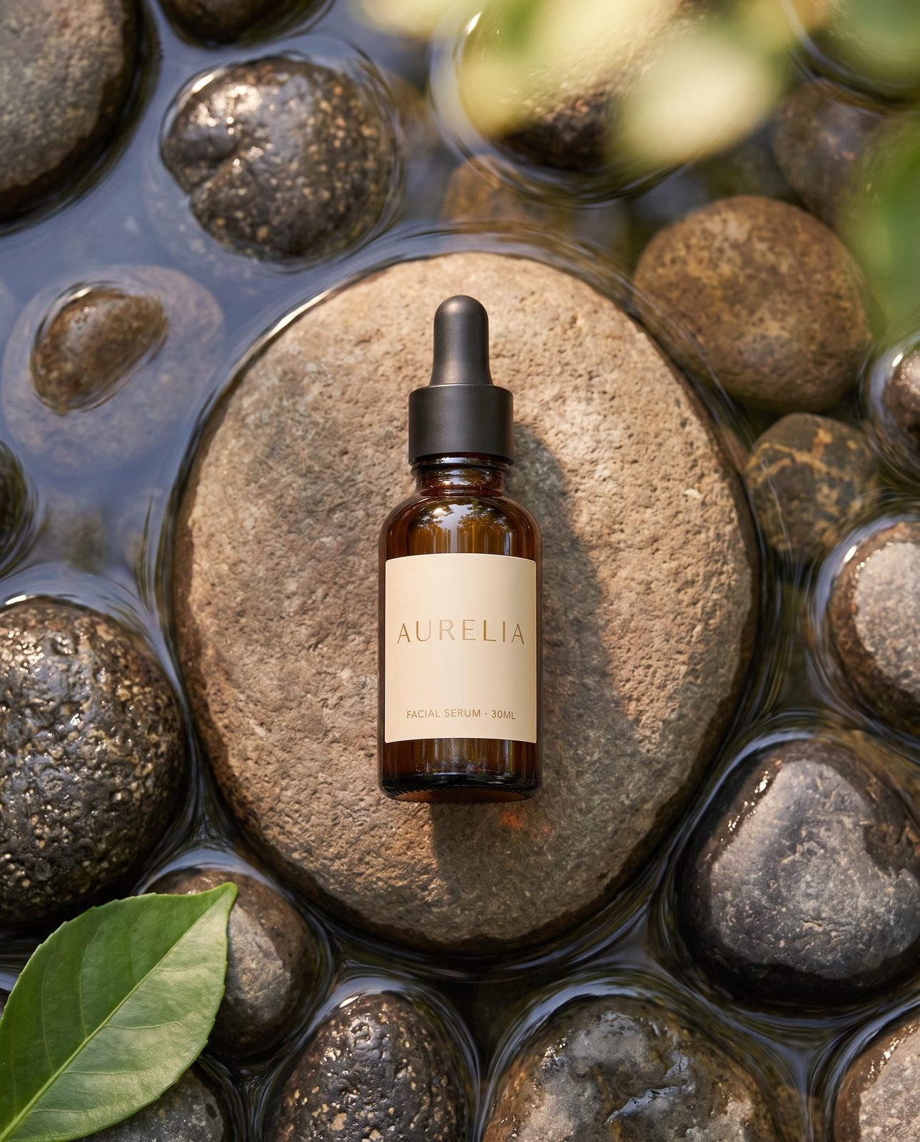 Serum şişesi, dere taşları ve su üzerinde üstten çekim