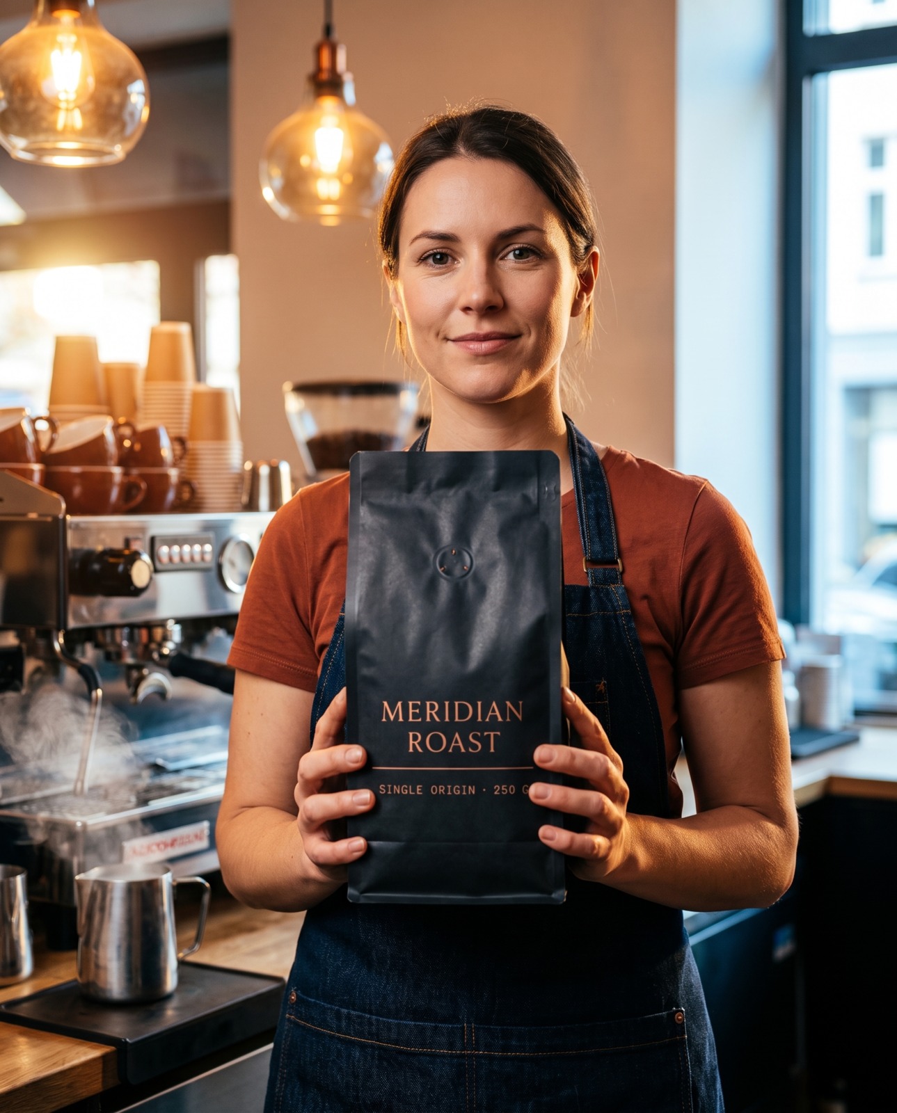 Barista, kahve paketini kafede iki eliyle tutuyor