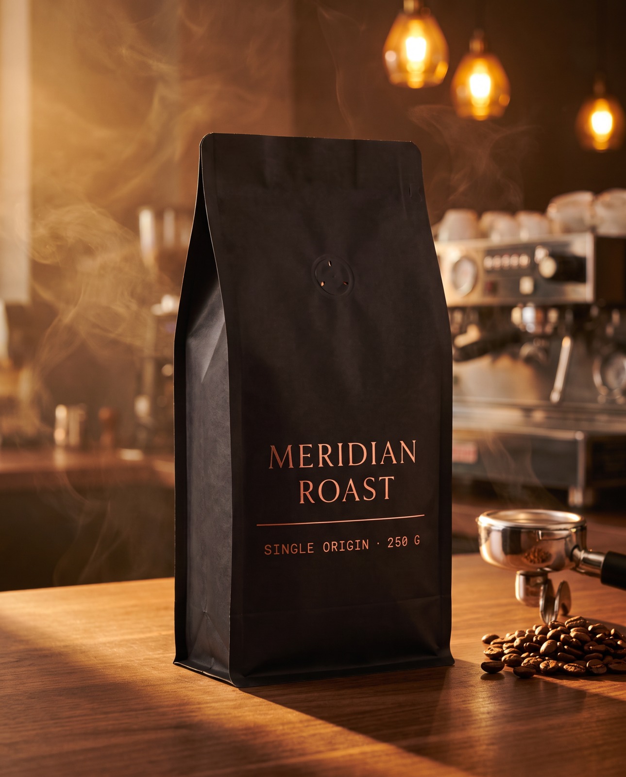 250 g kahve paketi, espresso barı tezgâhında buharla
